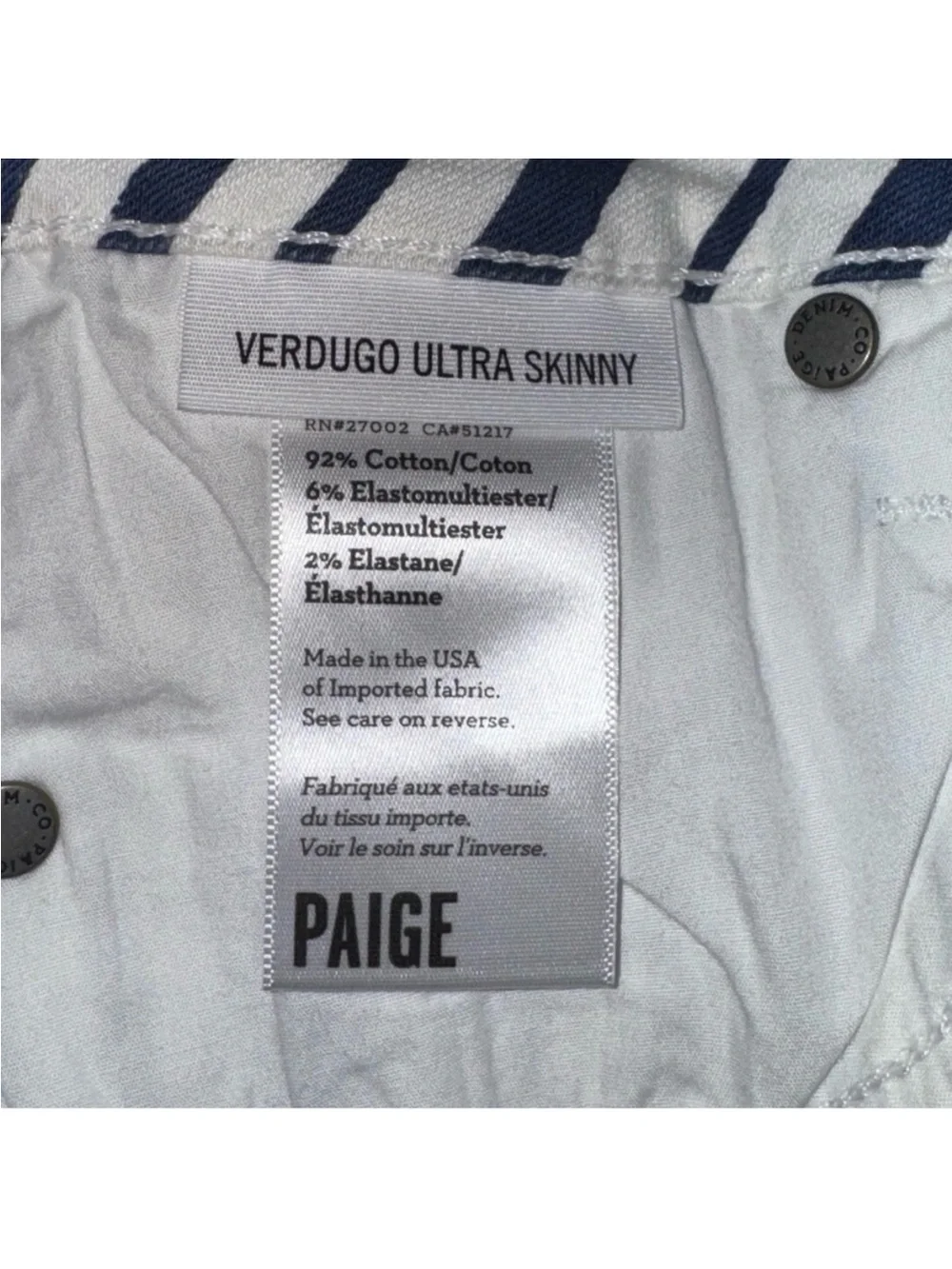 Paige Navy Blue White Verdugo Ultra Skinny Striped Jeans Size 27 NWT!